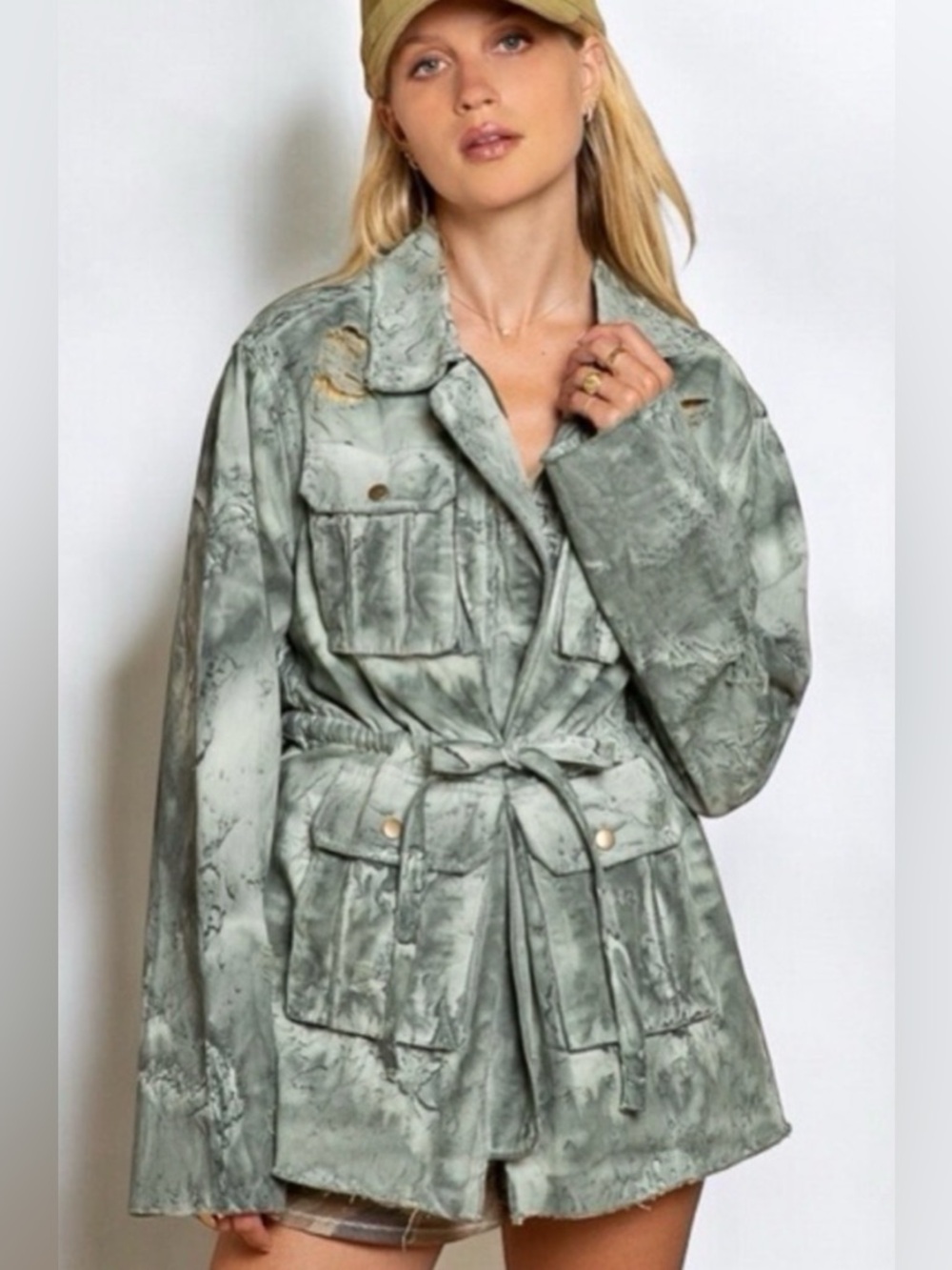🆕 POL - Distressed Denim - Safari - Utility Jacket - Pale Sage - 100% COTTON